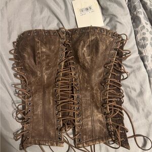 Jaded London Odile Brown Faux Leather Lace Up Corset